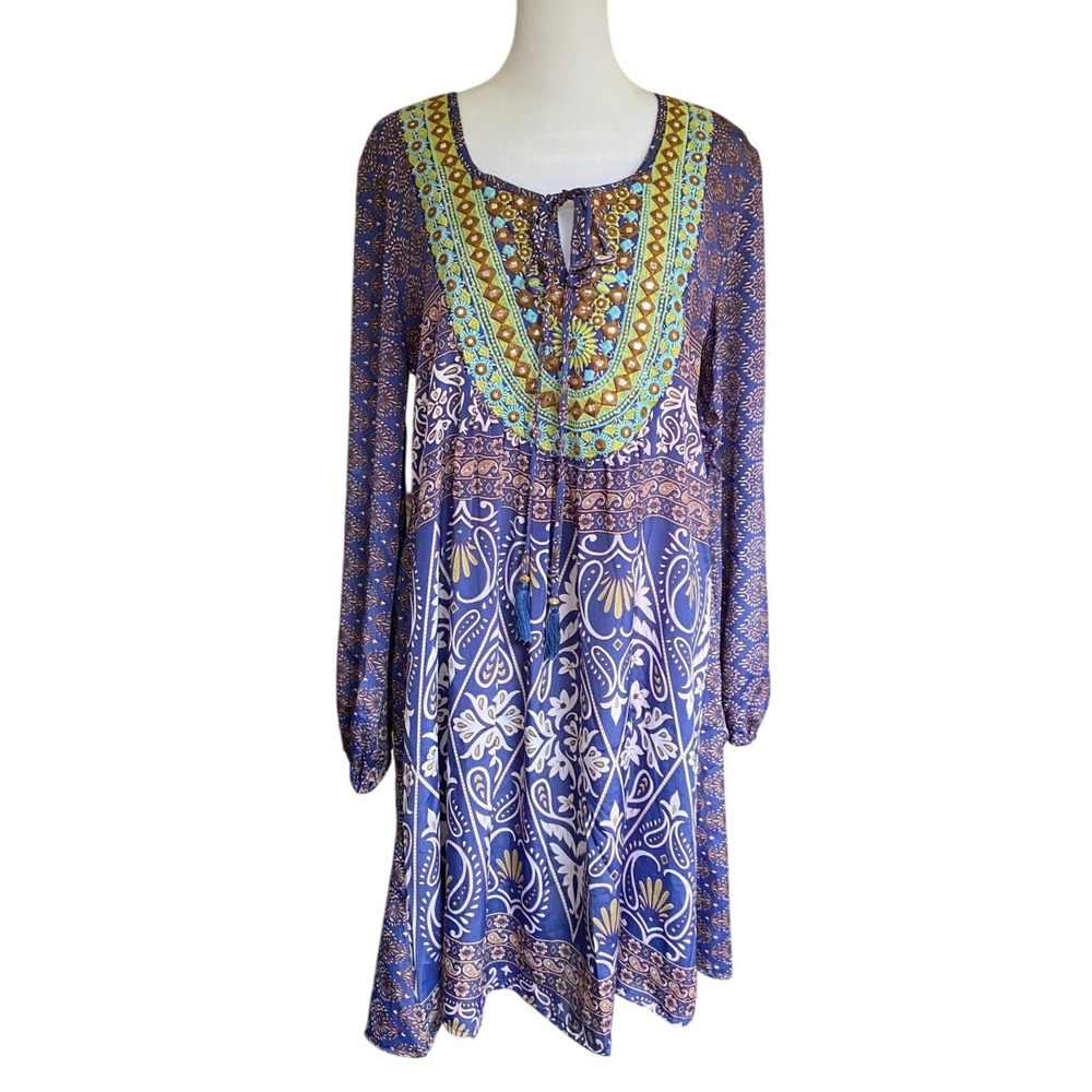 Anthropologie Paisley Embroidered Bib Purple Mini Dress XS Boho Festival Hippie